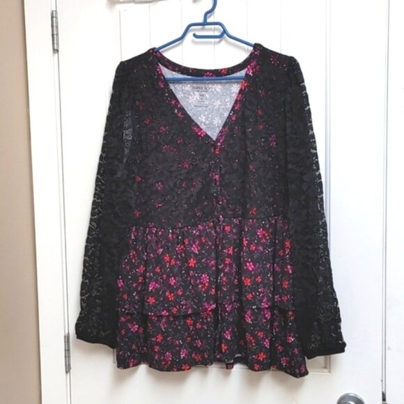 TORRID plus size 2 Super soft knit babydoll peasant lace top blouse black - Picture 2 of 9